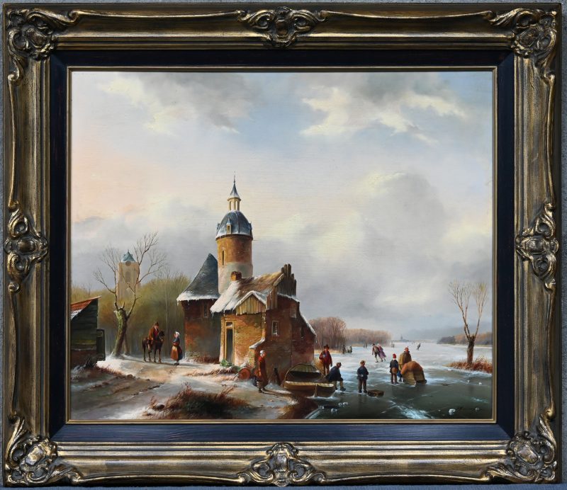 “Hollands wintertafereel met ijsschaatsers”. Een schilderij, olieverf op paneel. Gesigneerd “A. Herkelman”.