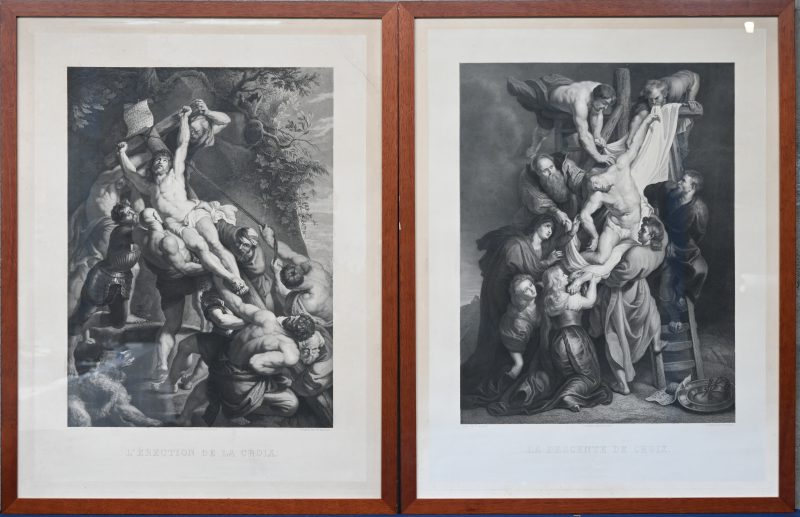 “L’érection de la croix.” & “La descente de croix.” een paar 19de eeuwse gravures naar P.P. Rubens.