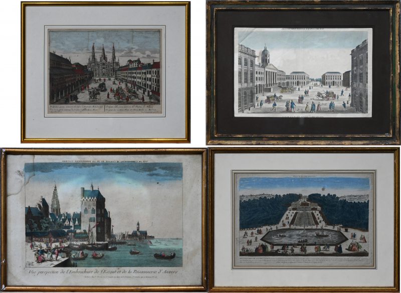 Een lot van vier ingekleurde gravures. Met betrekking tot Antwerpen, Milaan, Brussel, en Parijs. 19de eeuws.