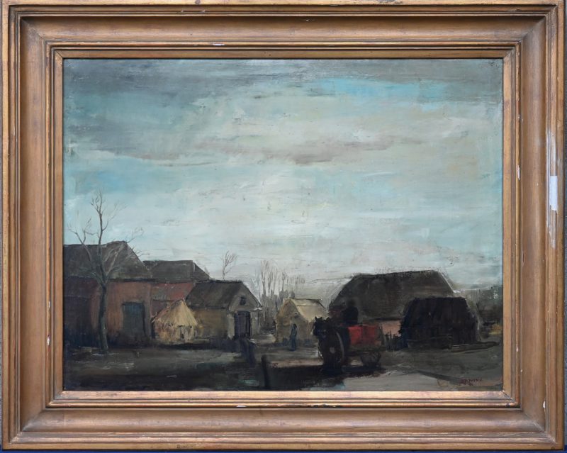Een schilderij getekend Vic Dolphyn 1944 voorstellende een zicht op een boerderij met paardekar . Olie op doek .