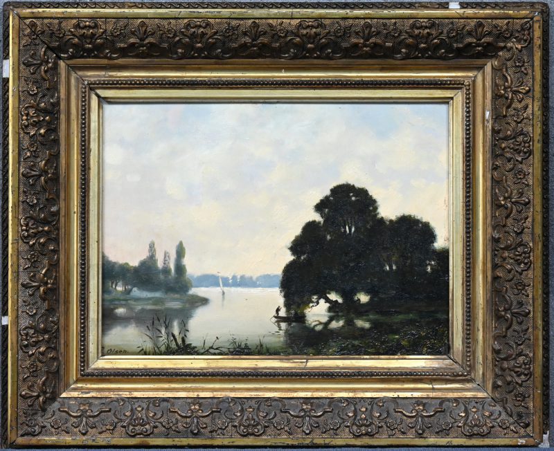 “Landschap met vijver en visser”. Een schilderij, olieverf op paneel. Gesigneerd “P Olsen”.