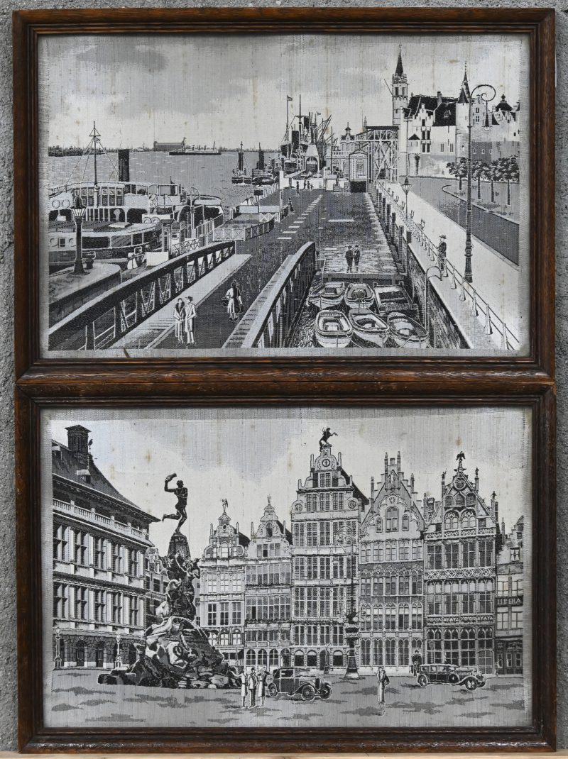 Een set van 2 oude kaders met geweven afbeeldingen van Antwerpen , circa 1920 .