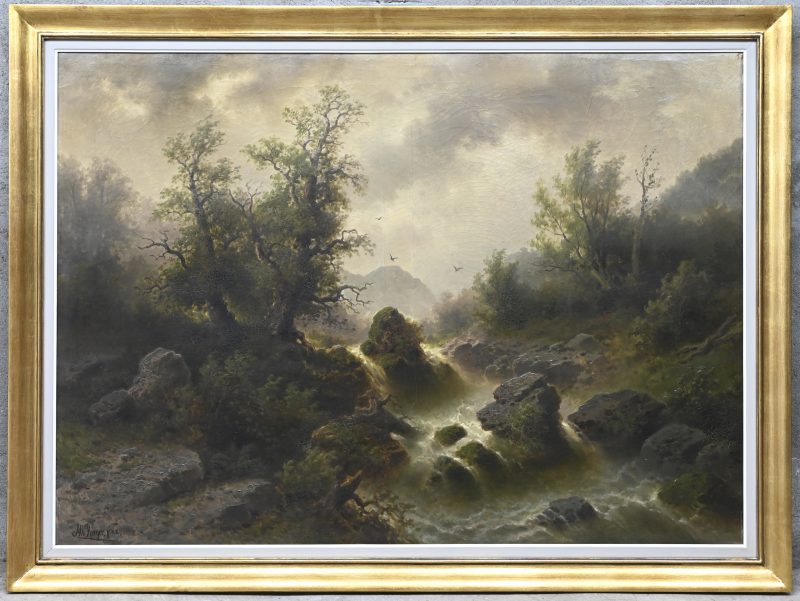“Wildbach bei Gewitterstimmung”. Een schilderij, olieverf op doek, onderaan gesigneerd “Alb Rieger Pinx”. Getiteld op achterzijde.