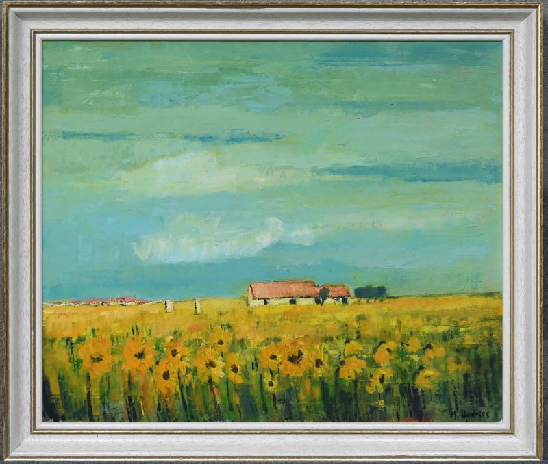 “Landschap met zonnebloemen”. Een schilderij, olieverf op doek. Onderaan gesigneerd, vermoedelijk “M. Andries”.