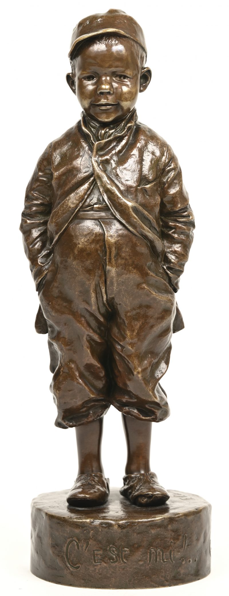 Een bronzen beeldje getiteld “C’est Mi !.. (Berck S/Mer), getekend F. P. de Tavera 85, 1890.