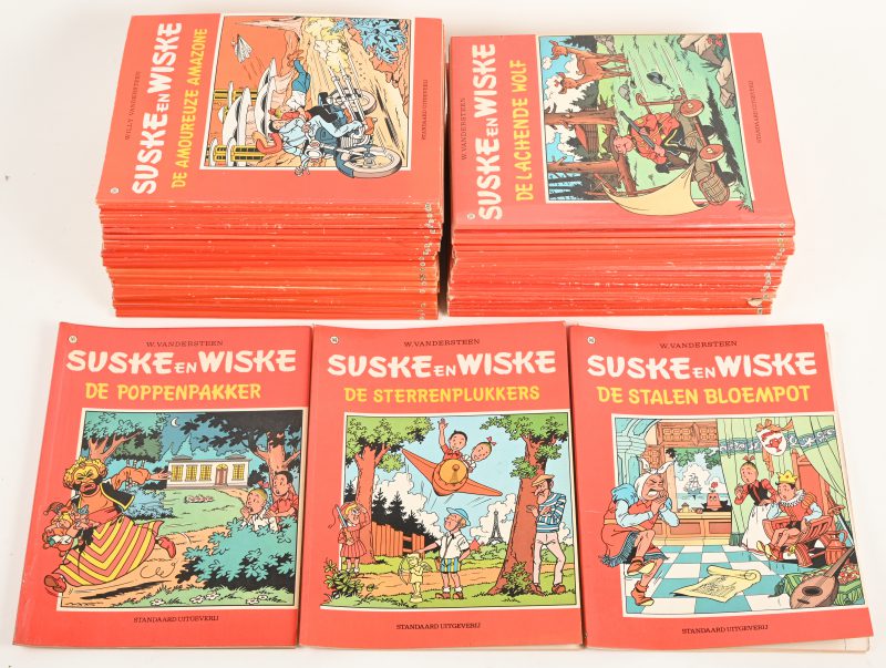 Suske en Wiske. Rode reeks. Standaard Uitgeverij tussen 1983 en 1998.  Nummers 194-198, 198-234, 236-237, 239-240, 242-243, 245, 256, 258. Evenals De Gekalibreerde Kwibus. 1981. 51 stuks goede staat.
