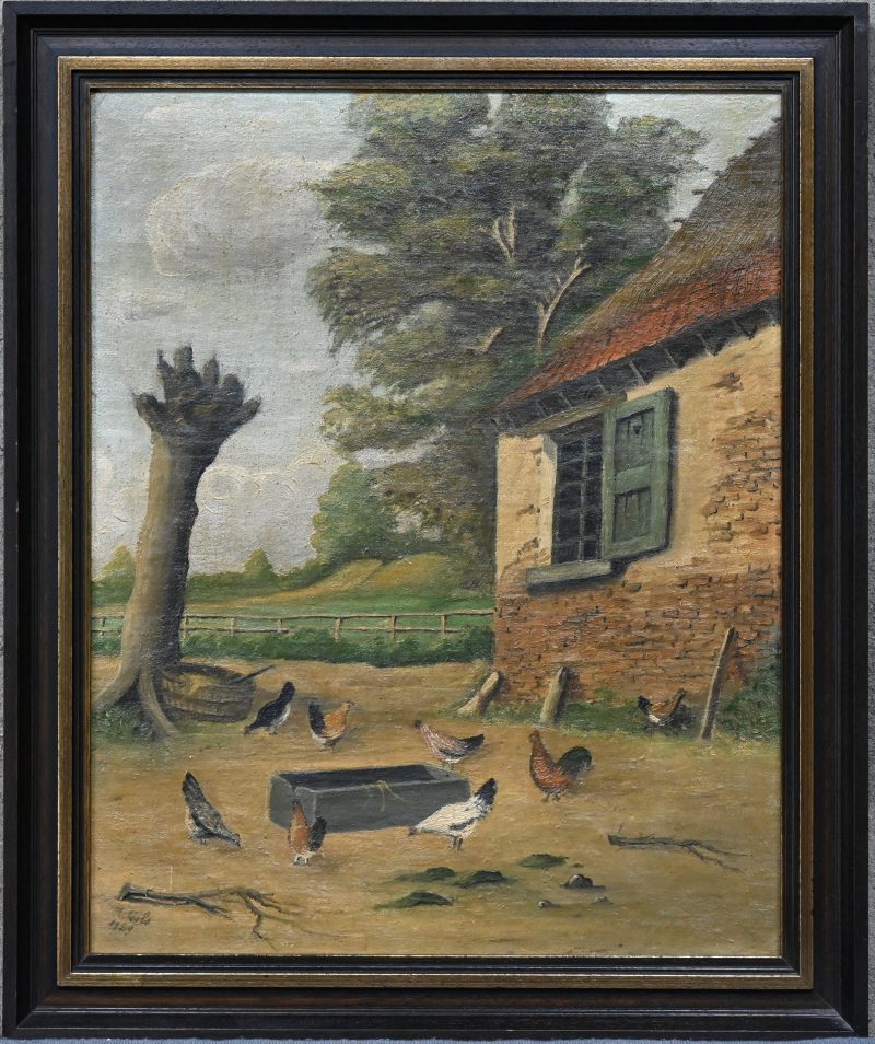 “Boerenerf met kippen.” Olieverf op doek. Gesigneerd. Gedateerd 1929.