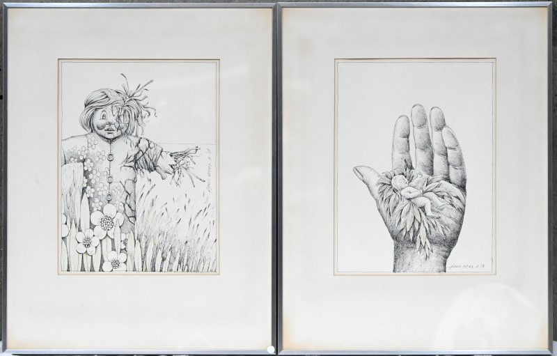 “Scarecrow” & “Hand met kind”. Een lot van 2 ingekleurde litho’s op papier, gesigneerd “Frans Croes”.