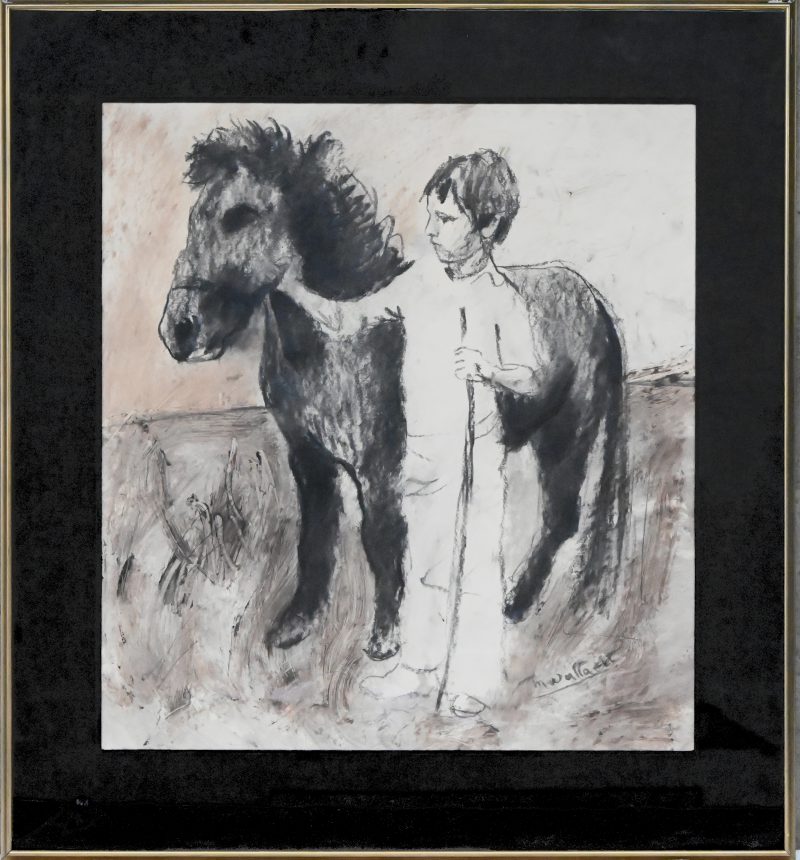 “Boy with pony”. Een tekening, houtskool op papier. Onderaan gesigneerd “M Wallaert”. Bijgevoegd met kunstboek getiteld “Wallaert”.