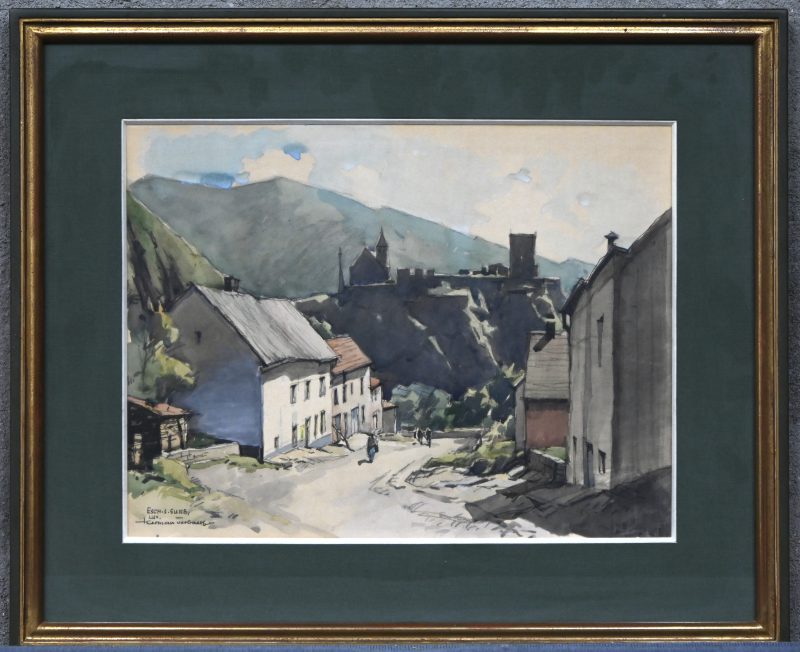 ‘Bergdorp met zicht op de burcht te Luxemburg’, aquarel op papier, gesigneerd Herman Verbaert met opschrift Eschis Gure, Lux.