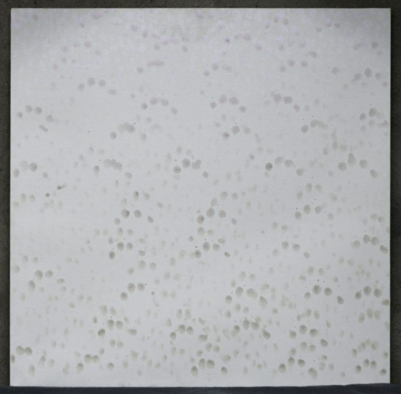 ‘Dots’, een modern schilderij met vele stippen op een witte achtergrond.