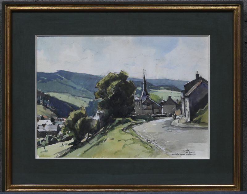 ‘Zicht op een Ardeens dorp’, aquarel op papier, gesigneerd Herman Verbaert met plaatsnaam Mazée lez Couvin.
