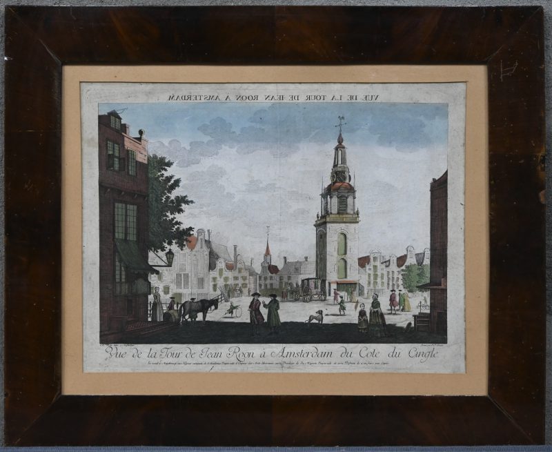 ‘Vue de la Tour de Jean Roon à Amsterdam de Cote du Cingle’, een ingekleurde gravure door J.F. Leizelt.