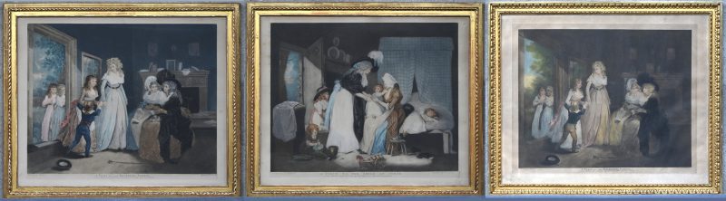 Een set van 3 gravures door William Ward waarvan 2 x ‘A Visit to the Boarding School’ en ‘A Visit to the Child at Nurse’.