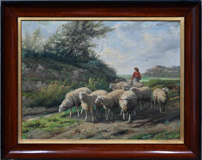 ‘Herderin met schapen’, olie op panneel gesigneerd J. L. Van Leemputten met afgeschilferde verf.