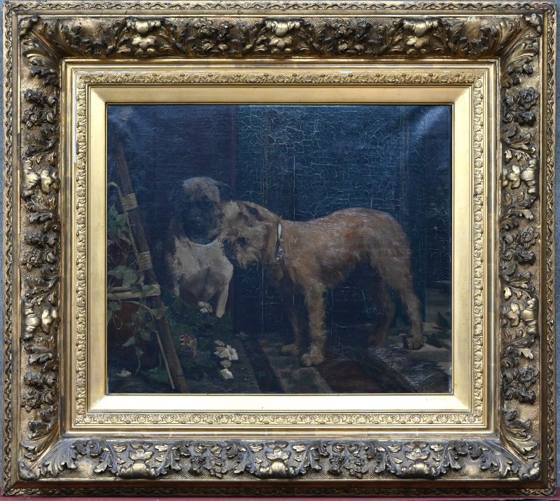 ‘Twee honden en een vlinder’, olie op doek in vergulde kader getekend Ch Van Den Eycken 1884.