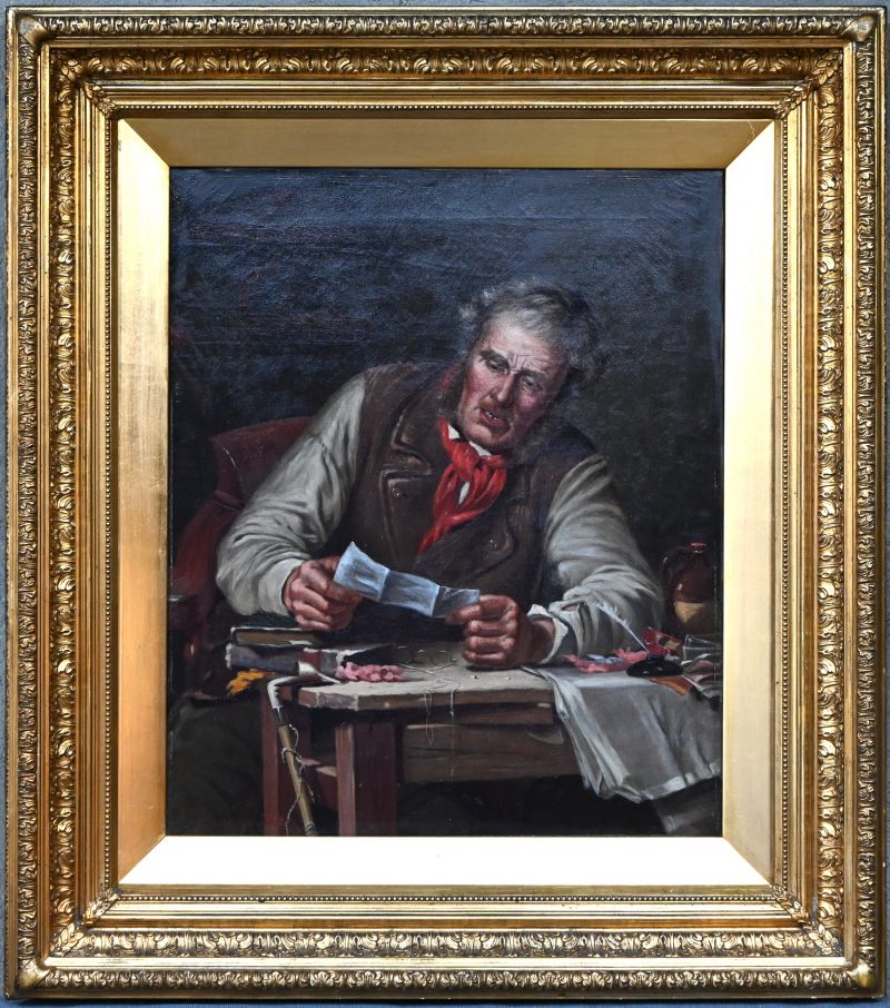 “Portret van een lezende man in interieur.” Olieverf op doek. Draagt handtekening ‘Roberts’.
