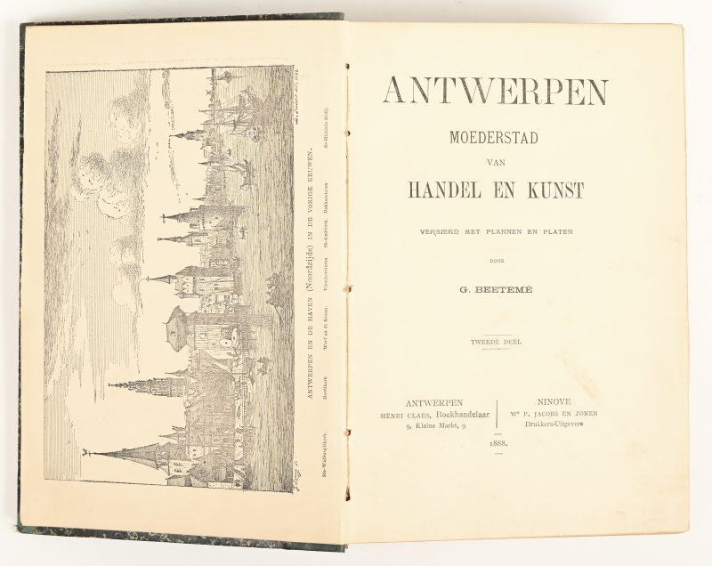 “Antwerpen Moederstad van Handel en Kunst.” Versierd met plannen en platen. Gedateerd 1888.