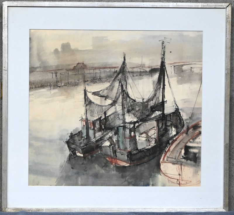 ‘Aangemeerde vissersboten’, een maritiem aquarel rechtsonder gesigneerd Gucht.