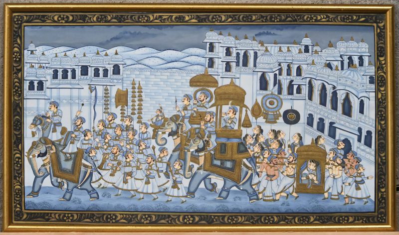‘Processie van de Maharaja’, goud op zijde geschilderd, afkomstig uit het noorden van India.