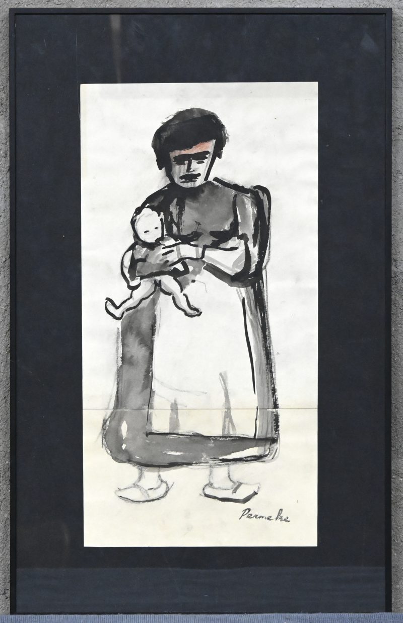 ‘Moeder met kind’, Aquarel op papier, draagt handtekening.