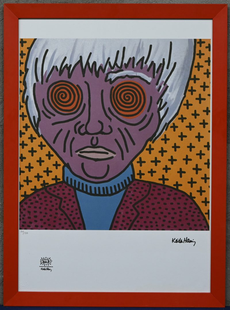 “Andy Warhol”. Een litho op papier, binnen de plaat gesigneerd Keith Haring foundation met watermerk, genummerd 29/150.