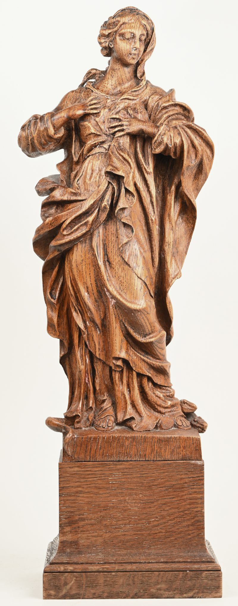 “Madonna die de slang verpletterd”. Een houten gesculptuurd beeld van een dame in gewaad met slang op houten sokkel.