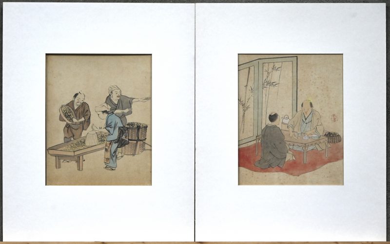 “Selecting the tea.” & “The Tea Ceremony.” Een set van twee aquarellen op papier. Vermoedelijk Dozan.