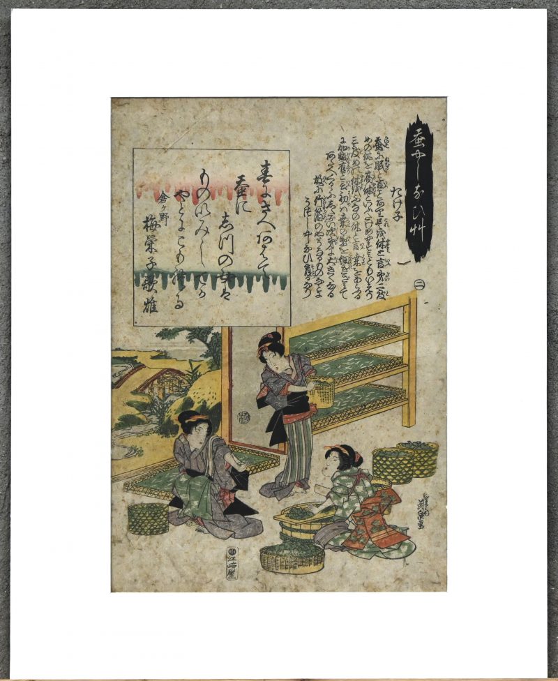 “Drogen van de theebladeren.” Japanse houtsnede met Kiwame zegel. Sporen van vocht en wormschade. Publicatie zegel Ezaki-Ya Kichibei.