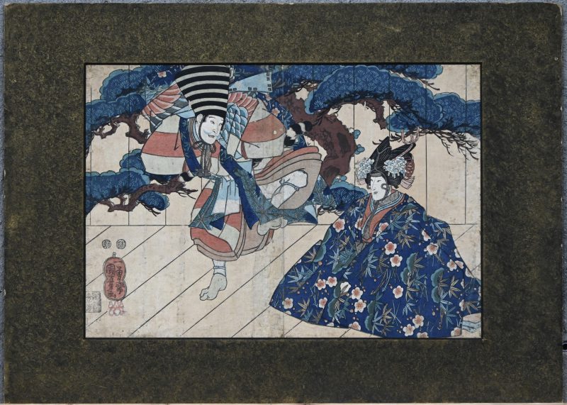 Een Japanse houtsnede van 2 Kabuki acteurs. Met Yoshi Kiri zegel. (ca 1850). Publicatie zegel Ebisuya. Met kleine wormschade.