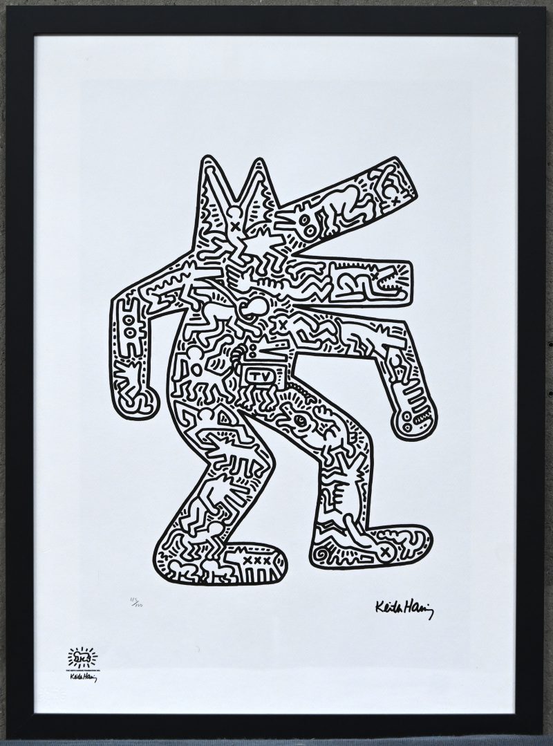 “Wolf”. Een litho op papier. Genummerd 115/150, in de plaat gesigneerd “Keith Haring”, met stempel en droogstempel “The Keith Haring Foundation”.