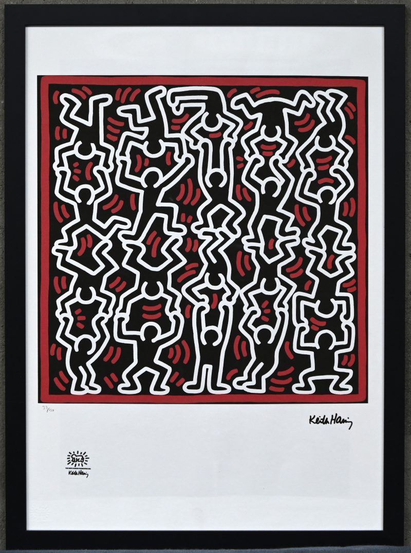 “Acrobat”. Een litho op papier. Genummerd 33/150, in de plaat gesigneerd “Keith Haring”, met stempel en droogstempel “The Keith Haring Foundation”.