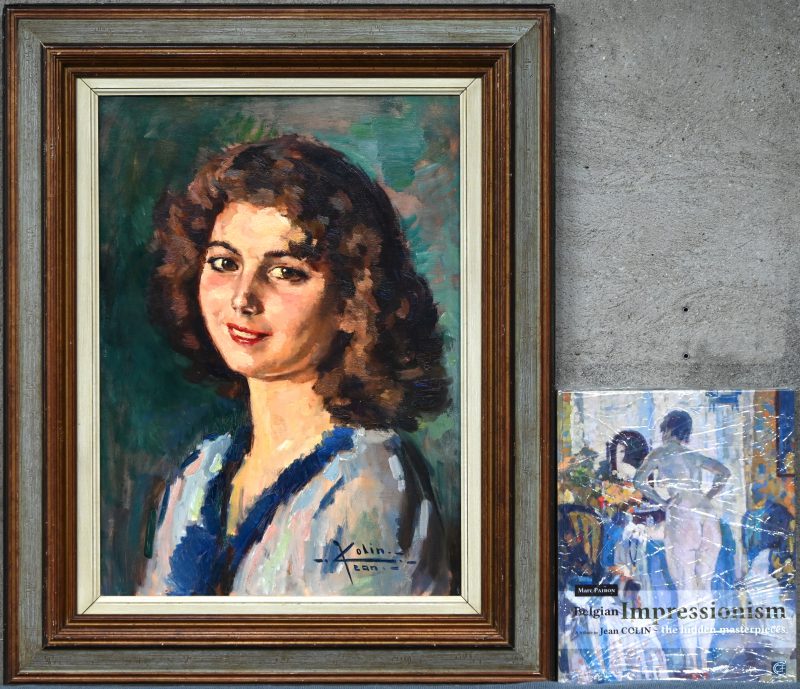 “Portret van een dame”. Een schilderij, olieverf op doek, onderaan gesigneerd “Jean Colin”. Bijvoegd kunstboek “Belgian Impressionism, a tribute to Jean Colin - the hidden masterpiece”.