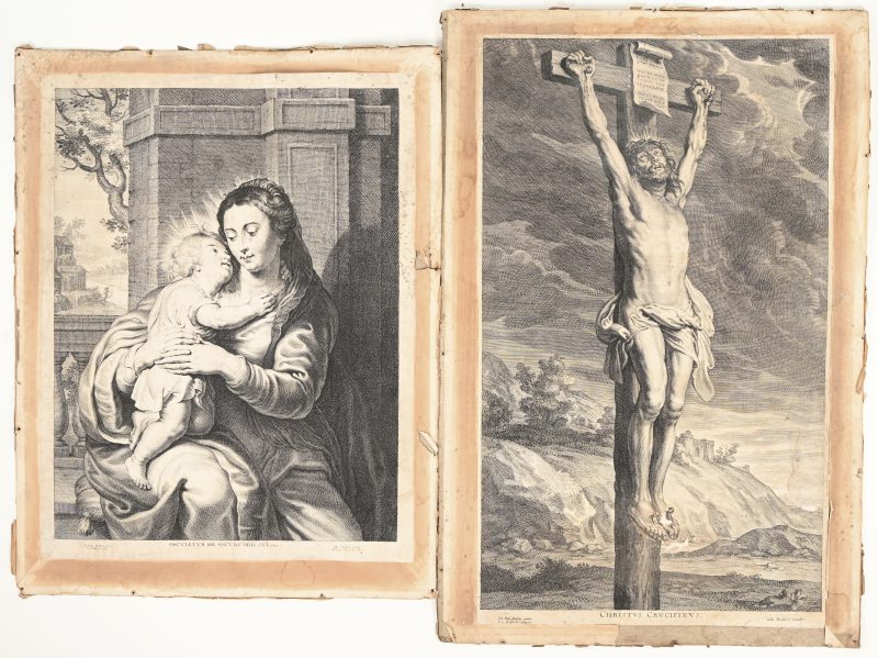 Een paar gravures op papier. Behoorlijke slijtage. Door Gillis Hendricx naar werken van P.P. Rubens. Eind 18e, vroeg 19e eeuw.