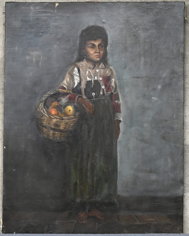 “Meisje met fruitmand”. Een schilderij, olieverf op doek. Onderaan gesigneerd.