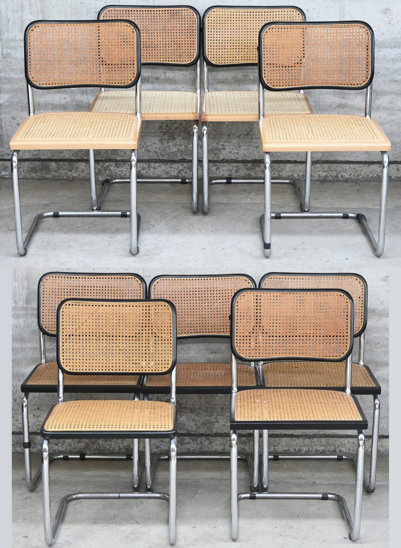 Een set van 9 stoelen naar Marcel Breuer in 2 verschillende uitvoeringen waarvan 1 stoel met beschadigd vlechtwerk.