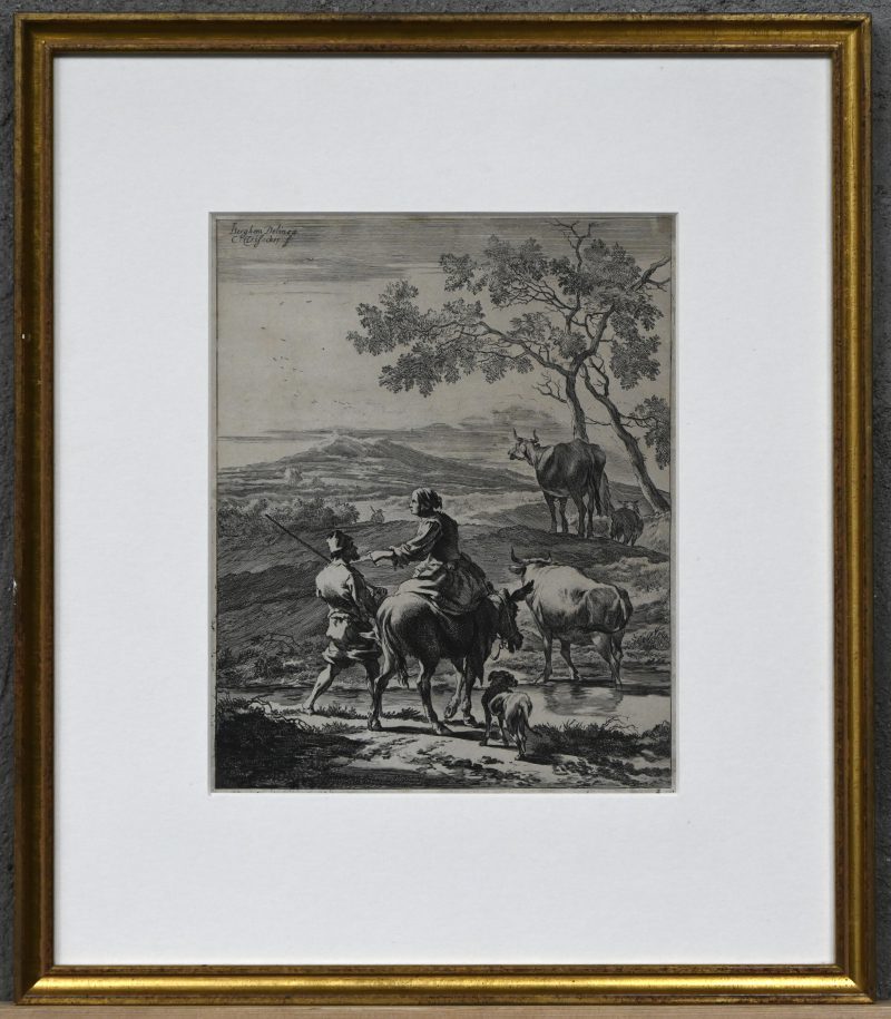 ‘Berghem Delinea’, een kopergravure met een dame op een ezel, een man, een hond en 3 koeien door Cornelis Visscher.