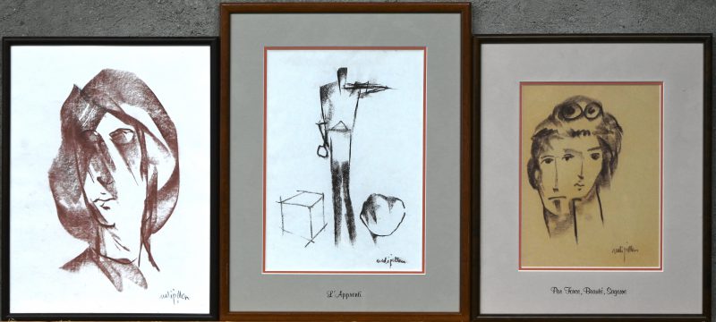 Een lot van 3 houtskool tekeningen op papier. Gesigneerd “Rudi Pillen”.