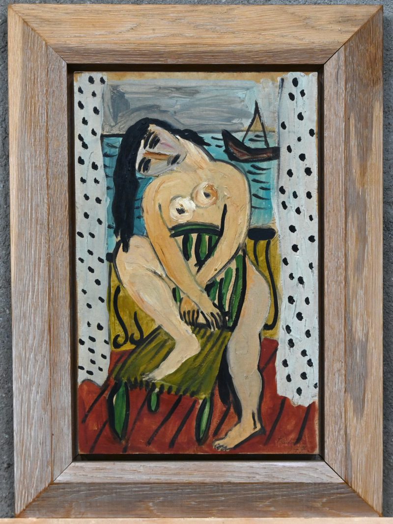 “Petit nu à la chaise”. Een schilderij, olieverf op paneel. Onderaan gesigneerd en gedateerd 1947.