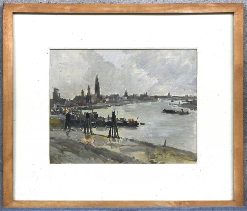 “Antwerpen en de Schelde vanaf de bocht gezien”. Olieverf op paneel. Gesigneerd linksonder.