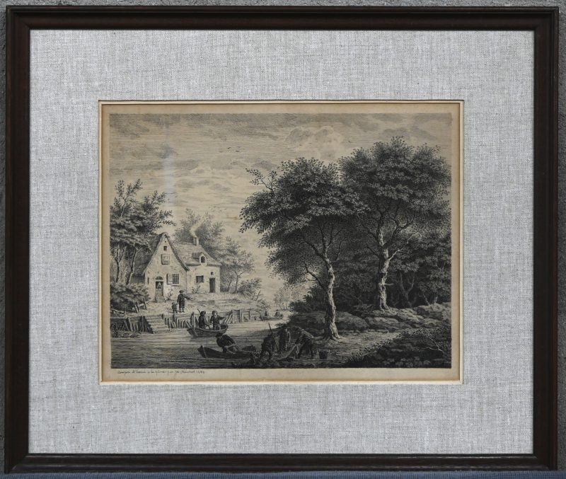Bos- en rivierlandschap met vissers”. Een ets op papier. Onderaan gemerkt “composé et dessiné à la plume par Jos. Nauwens 1852."