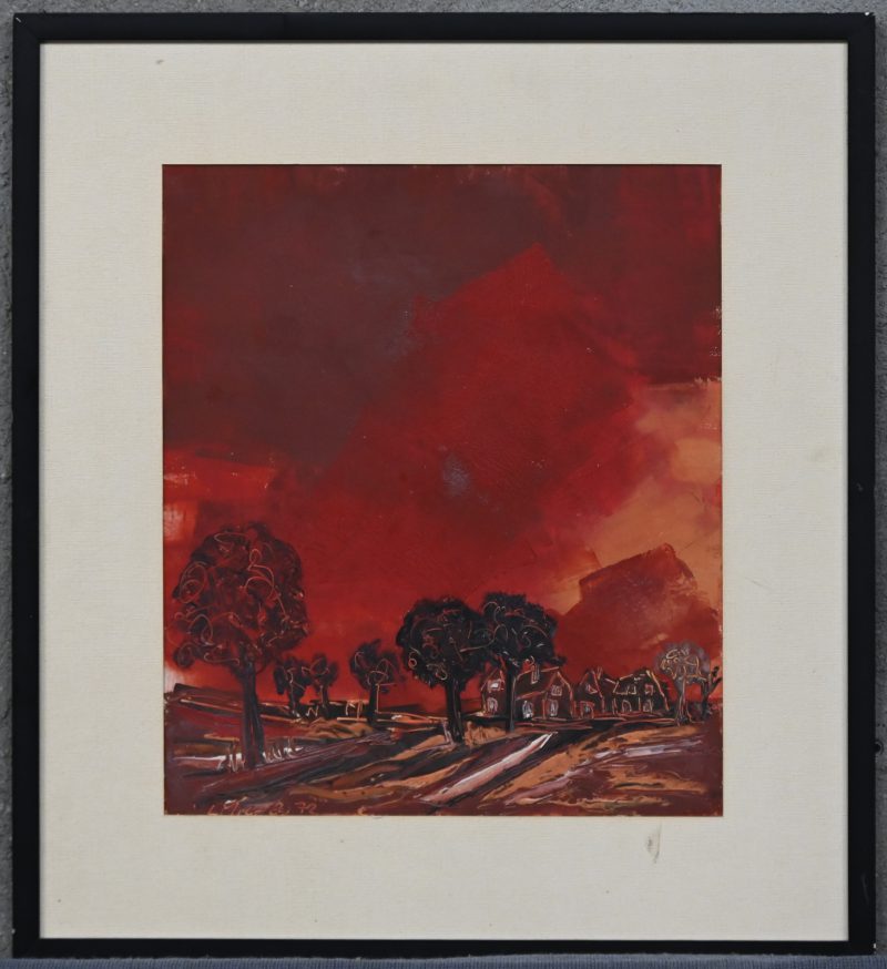 “Landschap in avondrood”. Een schilderij, olieverf op paneel. Onderaan onduidelijk gesigneerd, mogelijk “L Michel 72”