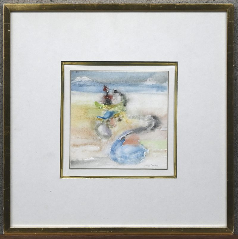 Een aquarel met als titel ‘aspecten van de zee’, gesigneerd Jef Vaes.