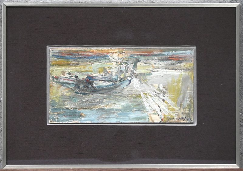 Een schilderij, olie op panneel, getiteld ‘Drakkarschimmen op de Noordzee’, gesigneerd Jef Vaes 1965.