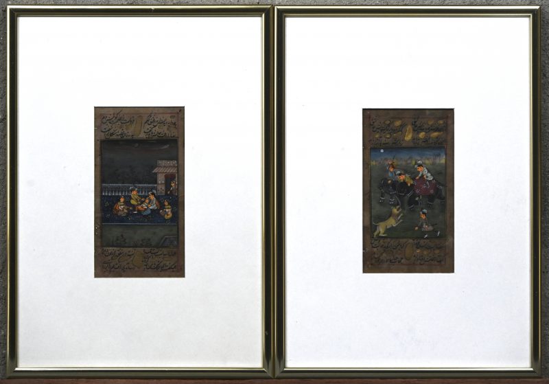 Een set van 2 Perzische schilderijtjes op papier, voorstellende de jacht en de viering van het huwelijk.