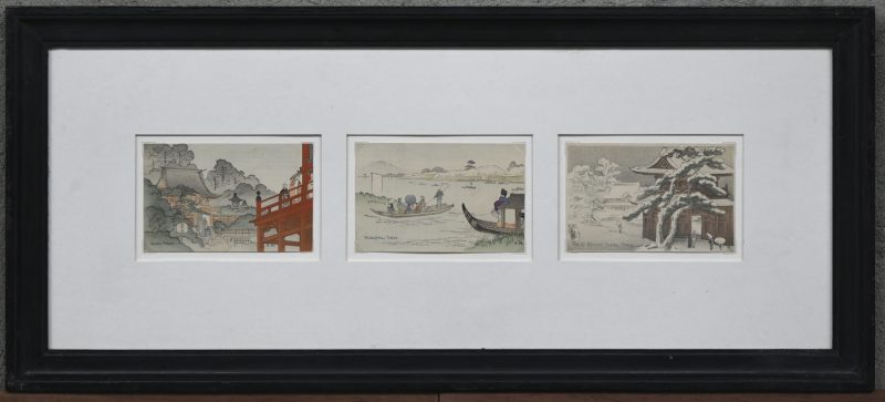 Een kader met 3 woodblock print postcards uit Tokyo ca. jaren 30 van de vorige eeuw.
