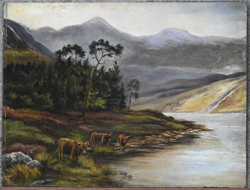 Schots landschap met de runderen, olieverf op board, gesigneerd en gedateerd 1863.