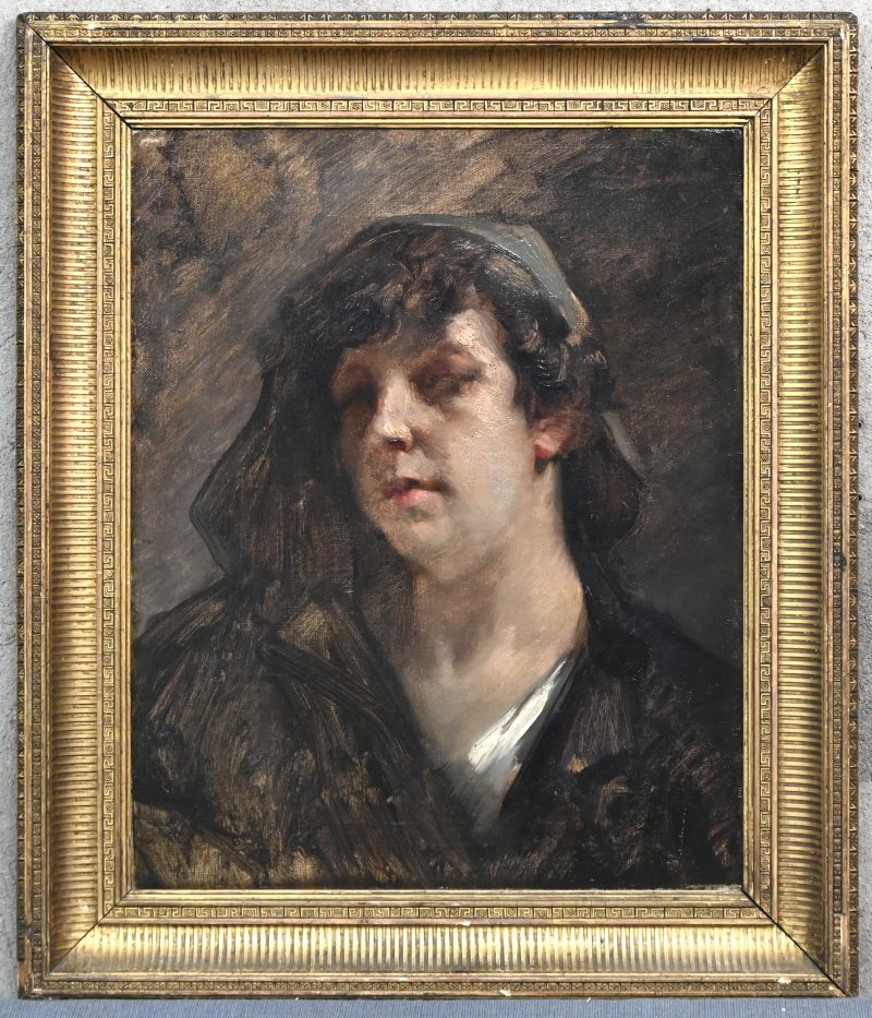 "portret van een blinde vrouw", olieverf op doek. Gesigneerd.