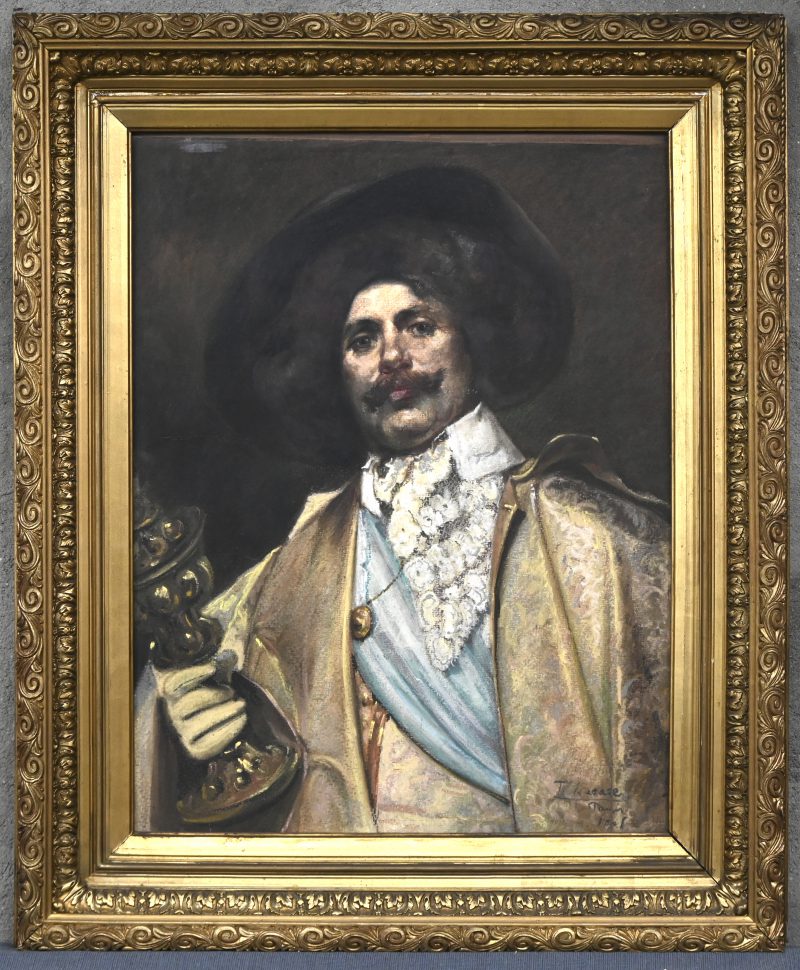 Portret van een musketier met beker, pastel op papier.