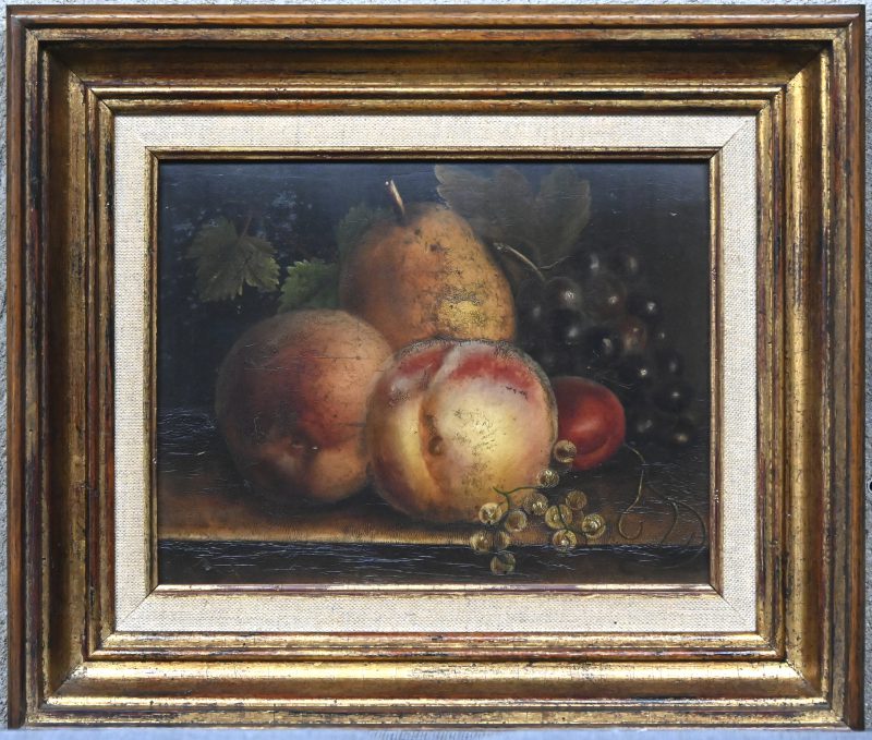 “Stillleven met fruit”. Een schilderij, olieverf op paneel. Zonder signatuur. Vroeg XIXe eeuw.
